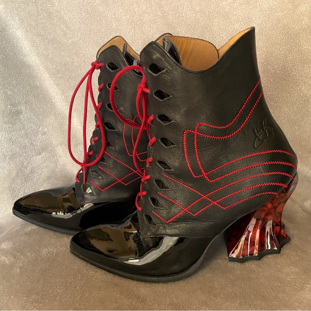 John Fluevog red and black booties
